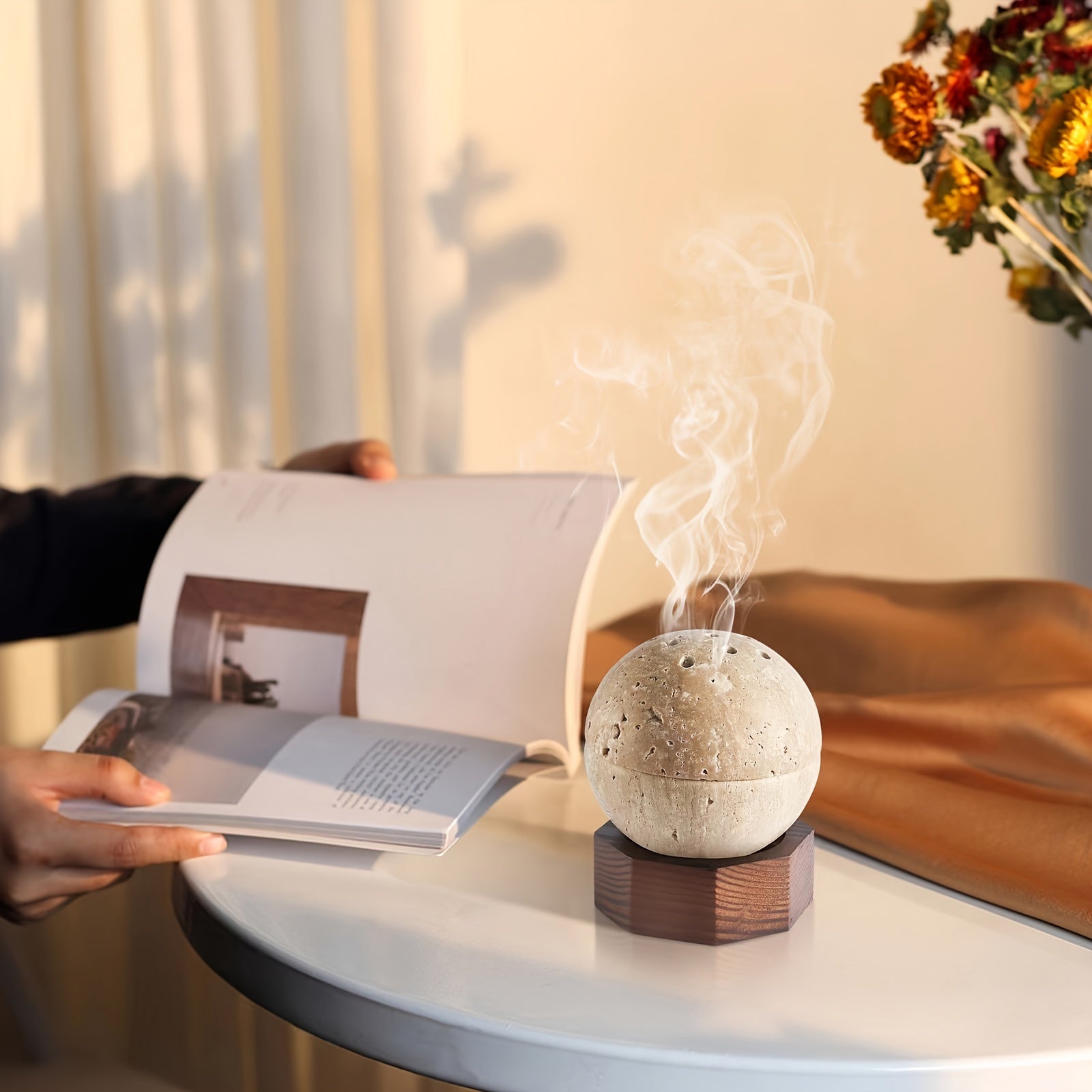 1pc Natural Travertine Round Handmade Sphere Incense Burner