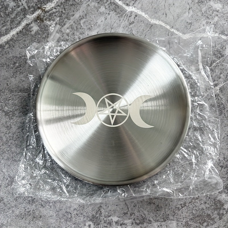 1pc, 5.51-inch Silver Altar Plate with March Pentagram, Stainless Steel Metal Dish, Candle Holder, Ceremony Meditation Decor, Home Living Room Office Decor, Christmas Independence Day Graduation School Season Decor, Vintage Geometric Religious Theme