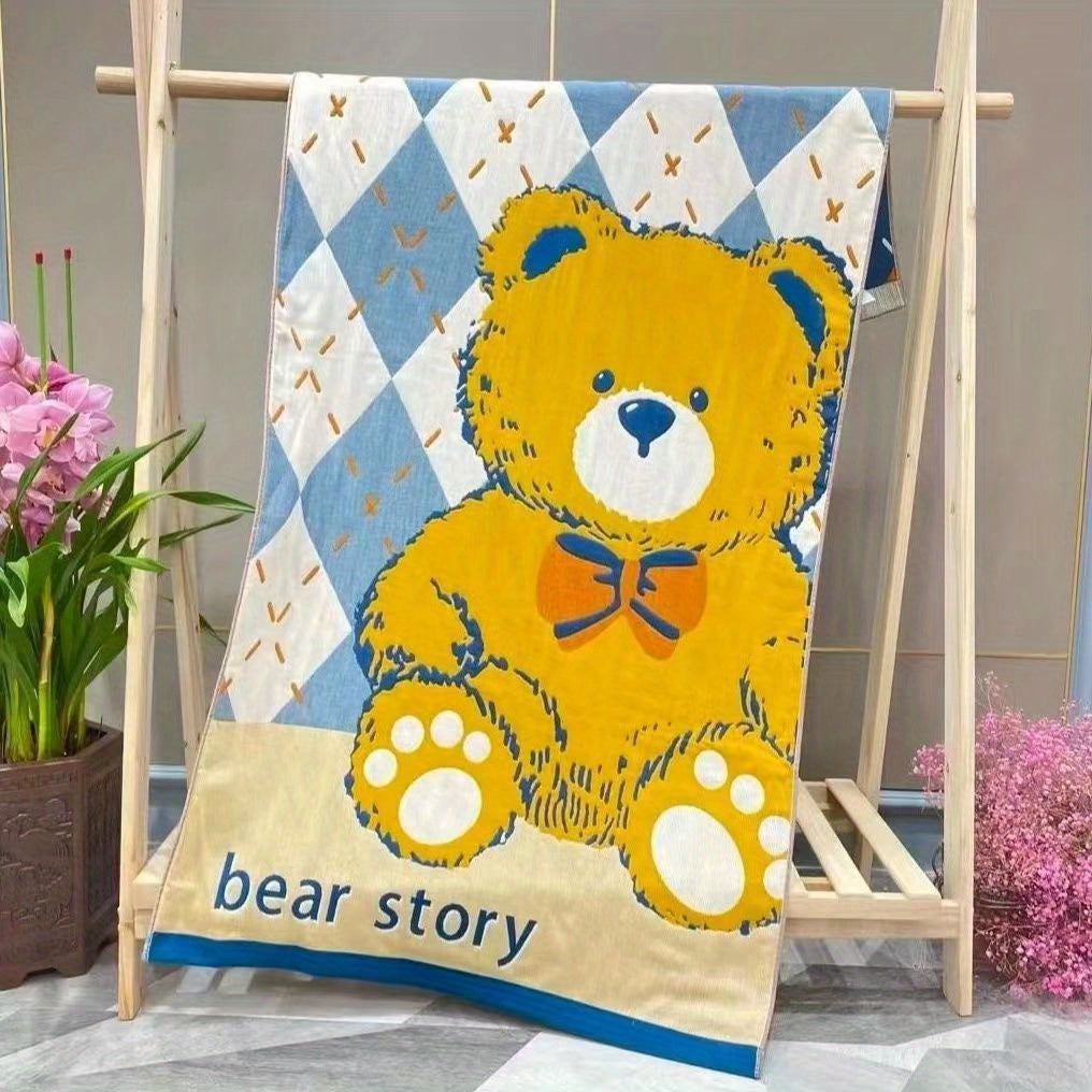 [Super Absorbent Cartoon Towel] Super Absorbent 1pc Cartoon Bear & Dinosaur Themed Cotton Bath Towel - 400 GSM, Quick-Dry, Soft & Skin-Friendly, Oversized Towel/Blanket for Bathroom, Modern Style, Knit Fabric, 100% Cotton, Wash Cloths