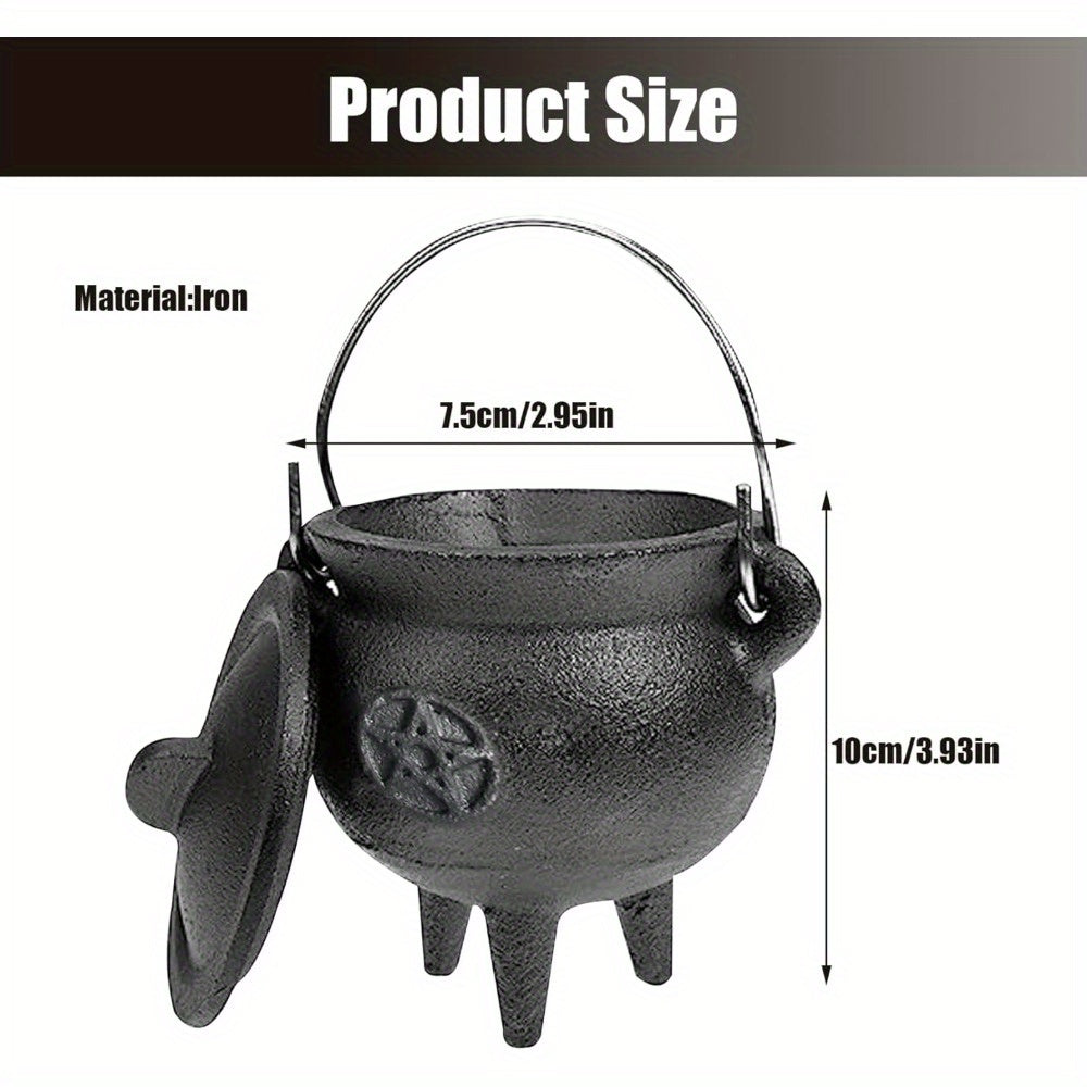 Cast Iron Cauldron With Lid And Carry Handle For Spells, Halloween Decoration Or Incense Burning, Classic Useful Practical Supplies Witchcraft Cast