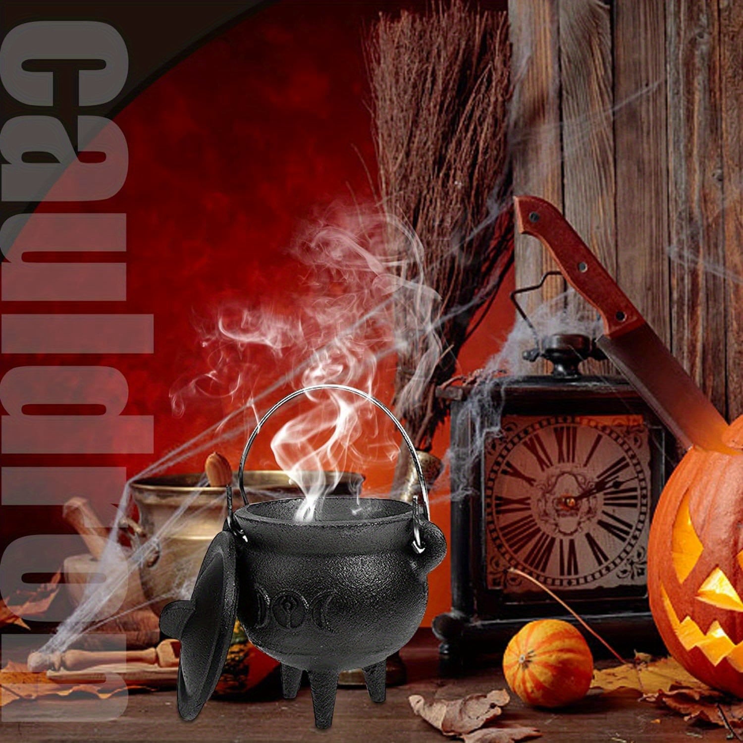 Cast Iron Cauldron With Lid And Carry Handle For Spells, Halloween Decoration Or Incense Burning, Classic Useful Practical Supplies Witchcraft Cast