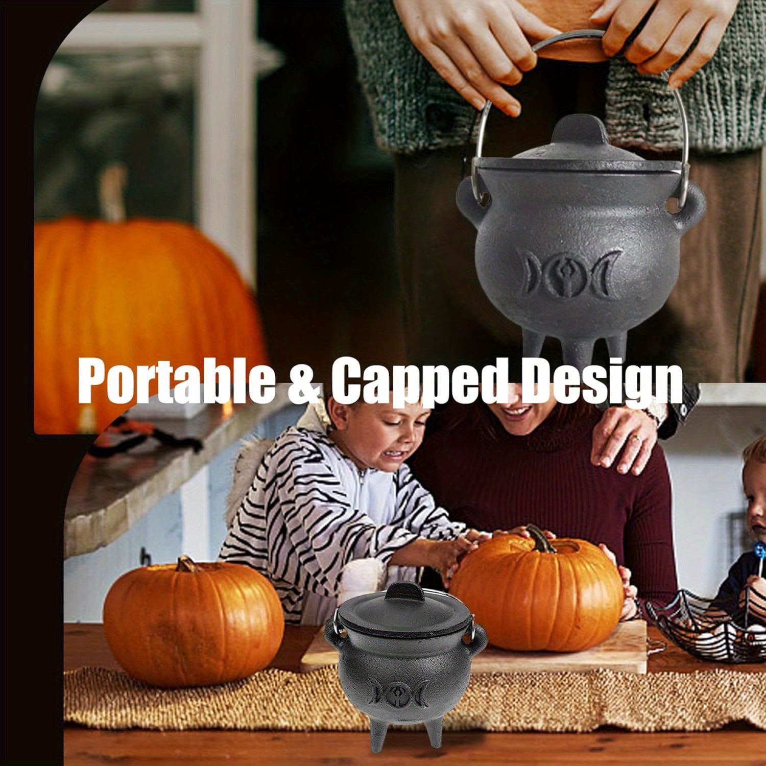 Cast Iron Cauldron With Lid And Carry Handle For Spells, Halloween Decoration Or Incense Burning, Classic Useful Practical Supplies Witchcraft Cast