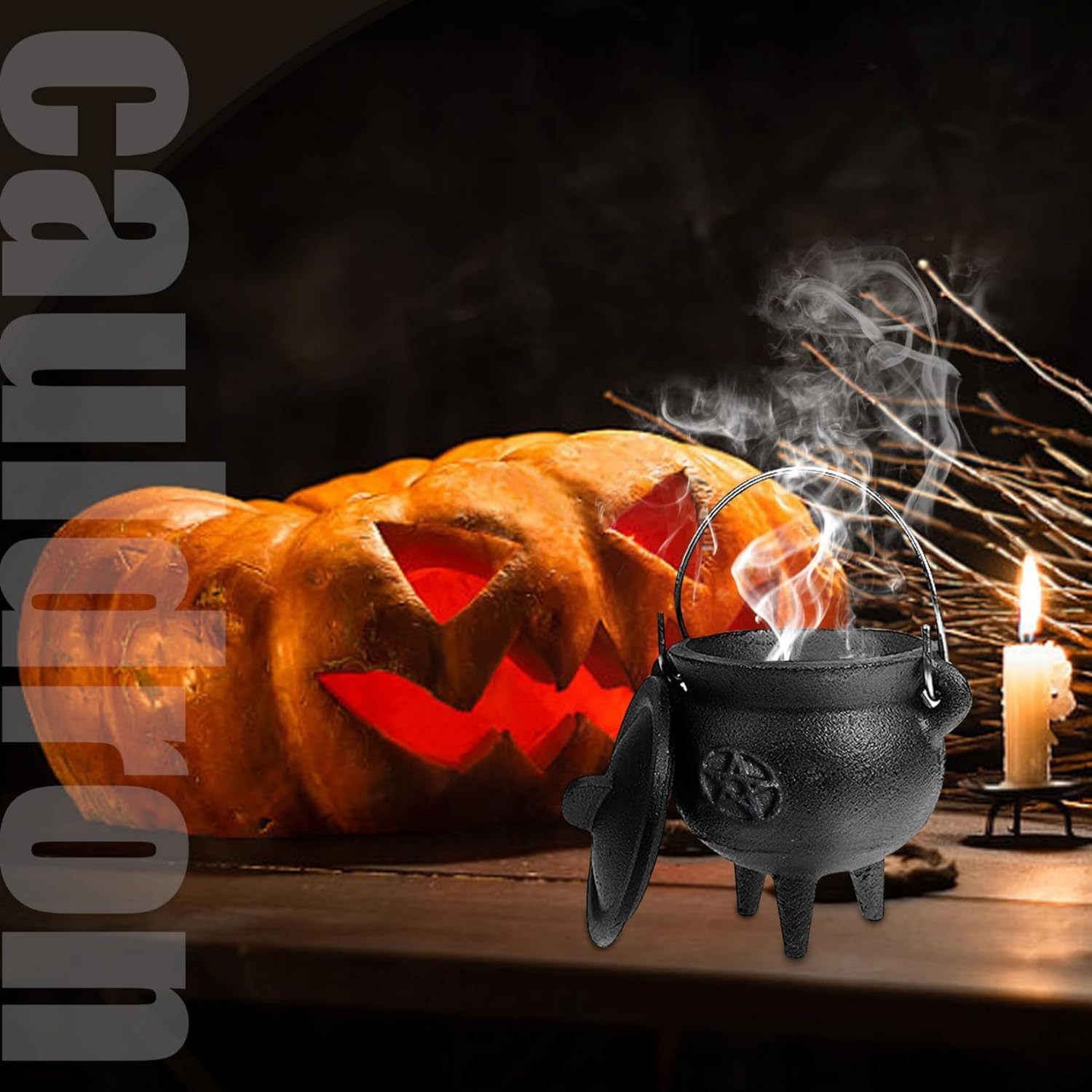 Cast Iron Cauldron With Lid And Carry Handle For Spells, Halloween Decoration Or Incense Burning, Classic Useful Practical Supplies Witchcraft Cast