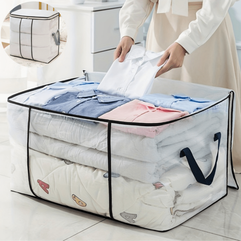 1pc Large Capacity Storage Bag with Zipper โ Lightweight, Dustproof Organizer for Clothes & Bedding, Transparent Design with Handles, 2 Styles Available, Clothing Organizer | Zipper Closure | Durable Handles, Clothes Organizer Storage
