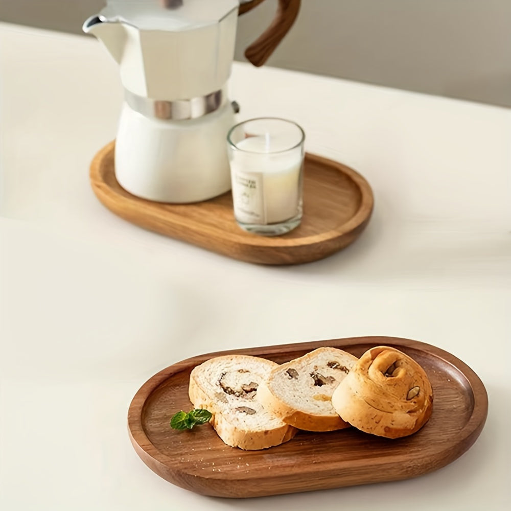 1pc Oval Japanese-Style Wooden Coaster Tray - Multipurpose Solid Wood Serving Platter for Breakfast, Bread, Desserts - Ideal for Home, Kitchen, Restaurant Use