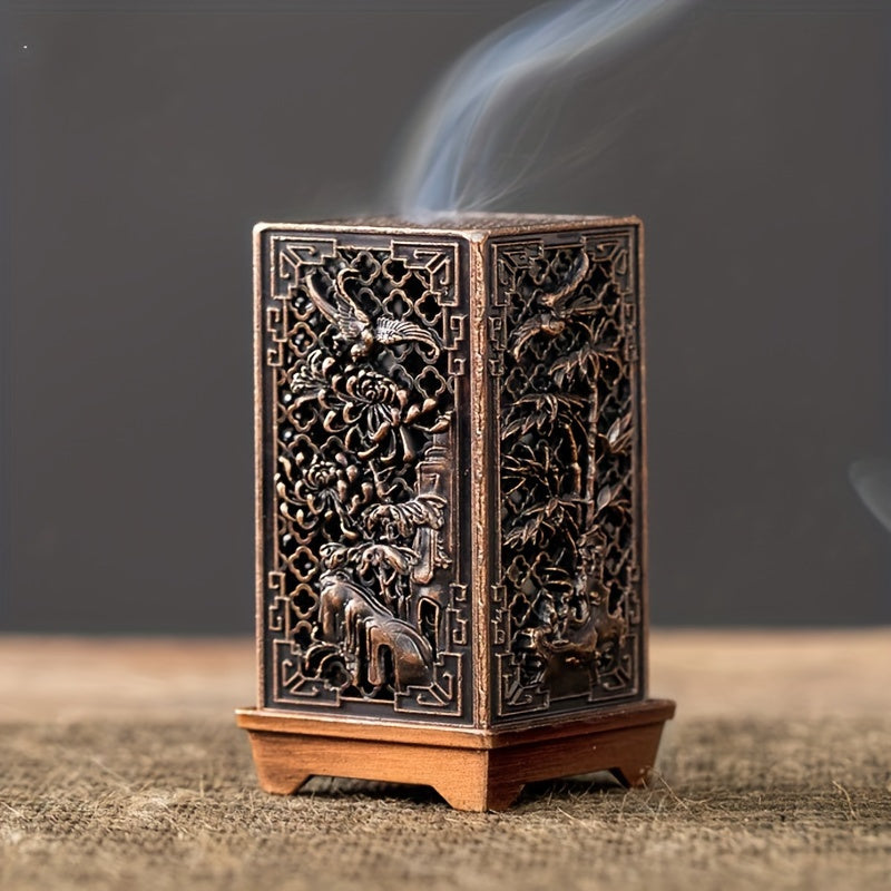 Elegant Incense Burner - Exquisite Plum, Orchid, Bamboo & Chrysanthemum Design, Metal Hollow Square Column for Home Decor, Office, and Tea Room Ambiance Enhancement