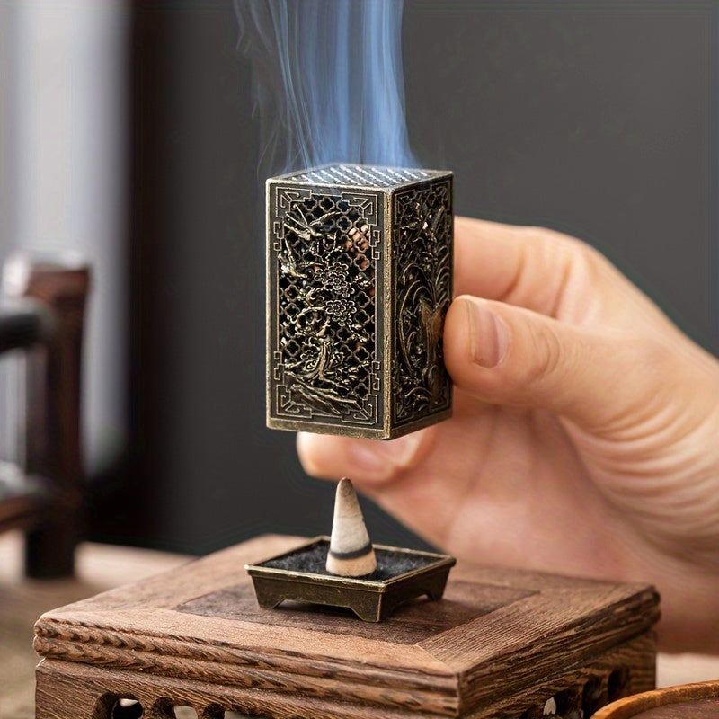 Elegant Incense Burner - Exquisite Plum, Orchid, Bamboo & Chrysanthemum Design, Metal Hollow Square Column for Home Decor, Office, and Tea Room Ambiance Enhancement