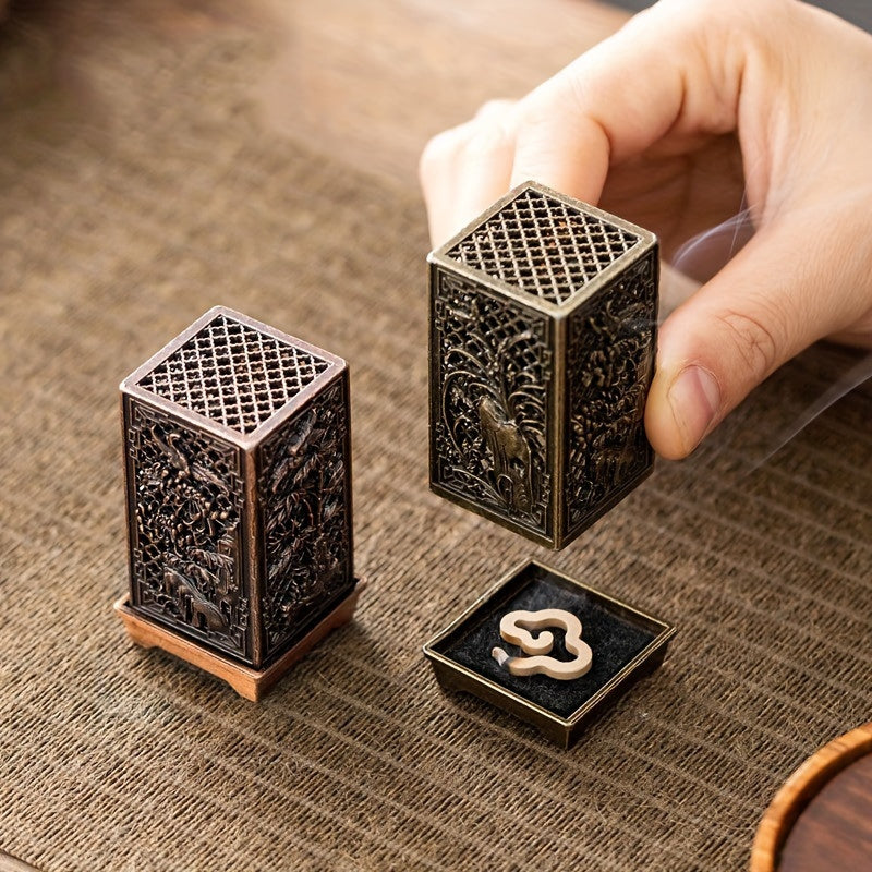 Elegant Incense Burner - Exquisite Plum, Orchid, Bamboo & Chrysanthemum Design, Metal Hollow Square Column for Home Decor, Office, and Tea Room Ambiance Enhancement