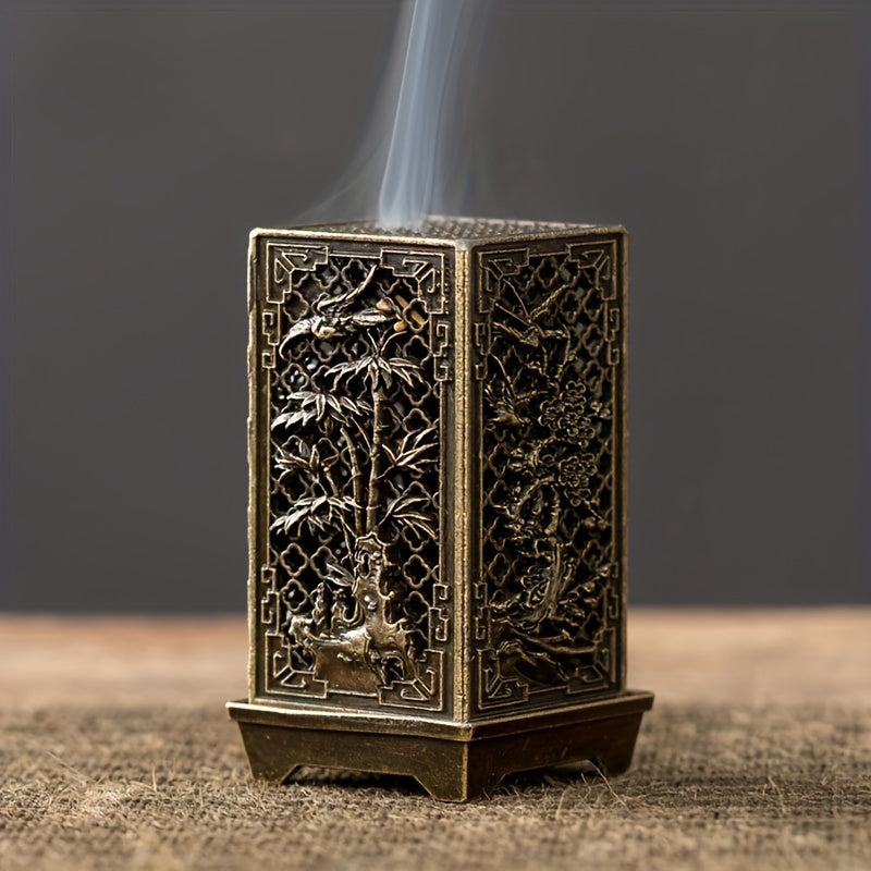 Elegant Incense Burner - Exquisite Plum, Orchid, Bamboo & Chrysanthemum Design, Metal Hollow Square Column for Home Decor, Office, and Tea Room Ambiance Enhancement