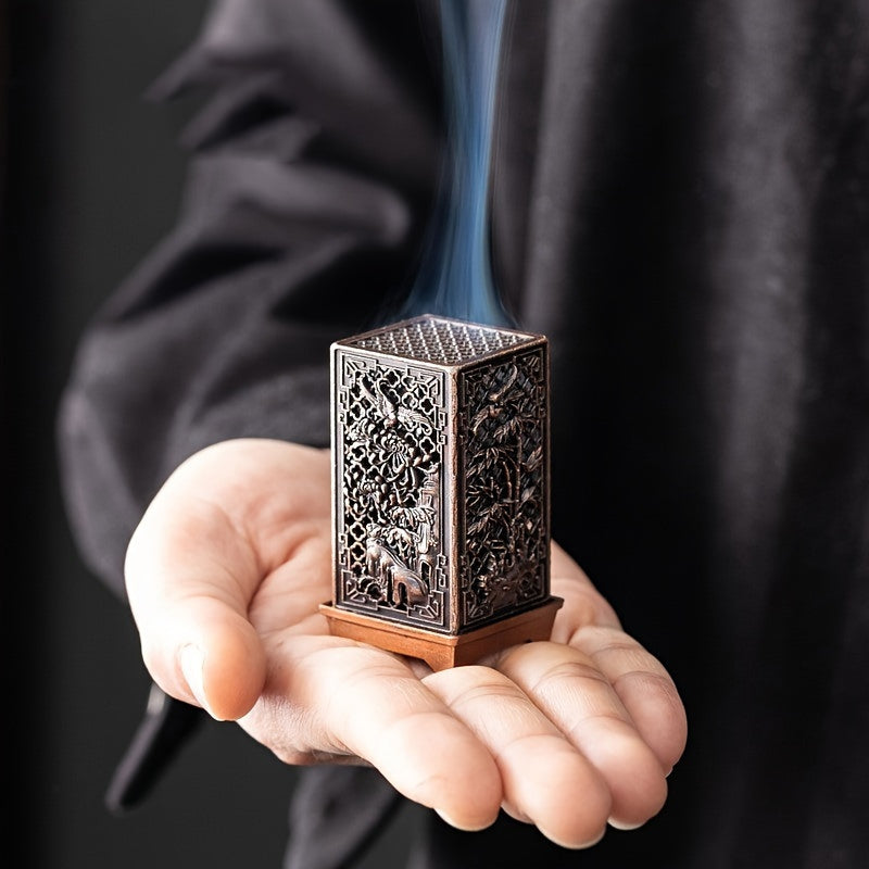 Elegant Incense Burner - Exquisite Plum, Orchid, Bamboo & Chrysanthemum Design, Metal Hollow Square Column for Home Decor, Office, and Tea Room Ambiance Enhancement
