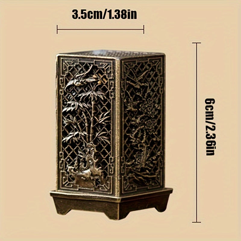 Elegant Incense Burner - Exquisite Plum, Orchid, Bamboo & Chrysanthemum Design, Metal Hollow Square Column for Home Decor, Office, and Tea Room Ambiance Enhancement