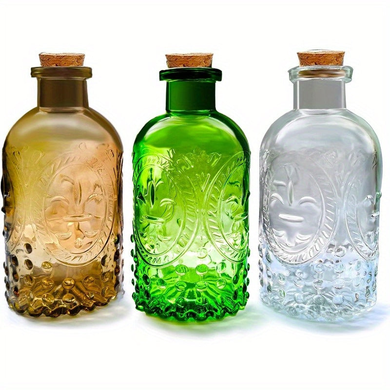 Vintage Glass Decorative Bottles with Cork Lids - Hand Wash Only, Round Apothecary Diffuser Vases for Home Decor, Spice Containers, Spell Jars, Wedding Witchcraft Supplies - No Electricity Required