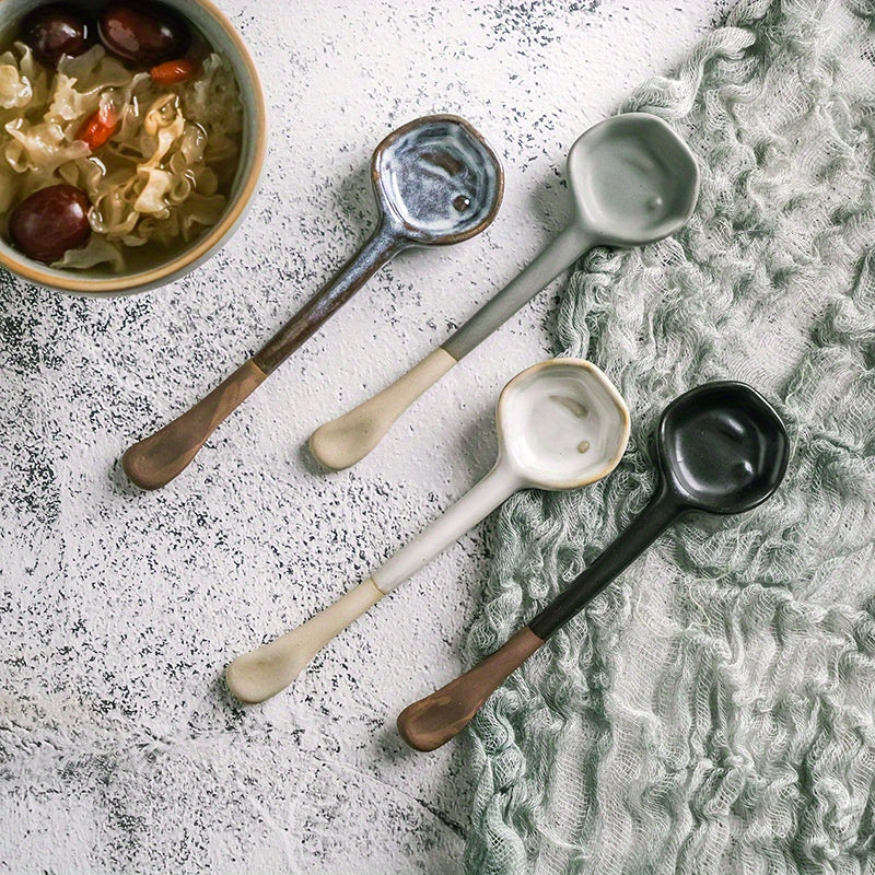 [4pcs Heat-Resistant Ceramic Spoons] 4pcs Retro European Earthenware Ceramic Spoons, Heat-Resistant Stirring Utensils for Salad, Breakfast, Coffee - Ideal for Home, Dorm, Restaurant Use - Creative Kitchen Gift Set