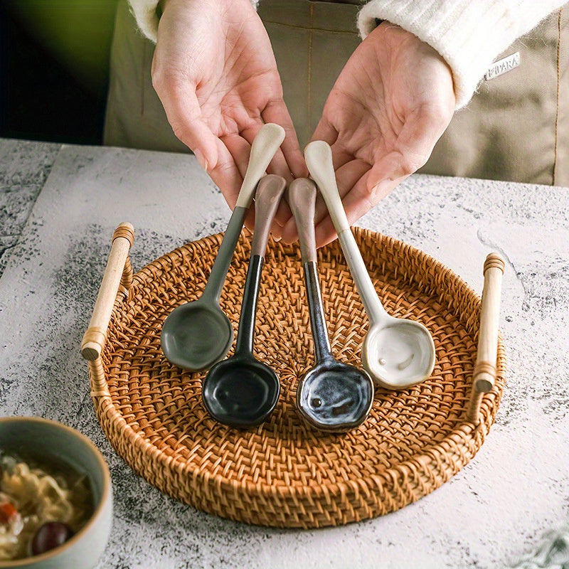 [4pcs Heat-Resistant Ceramic Spoons] 4pcs Retro European Earthenware Ceramic Spoons, Heat-Resistant Stirring Utensils for Salad, Breakfast, Coffee - Ideal for Home, Dorm, Restaurant Use - Creative Kitchen Gift Set