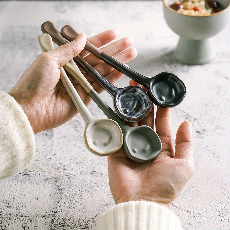 [4pcs Heat-Resistant Ceramic Spoons] 4pcs Retro European Earthenware Ceramic Spoons, Heat-Resistant Stirring Utensils for Salad, Breakfast, Coffee - Ideal for Home, Dorm, Restaurant Use - Creative Kitchen Gift Set