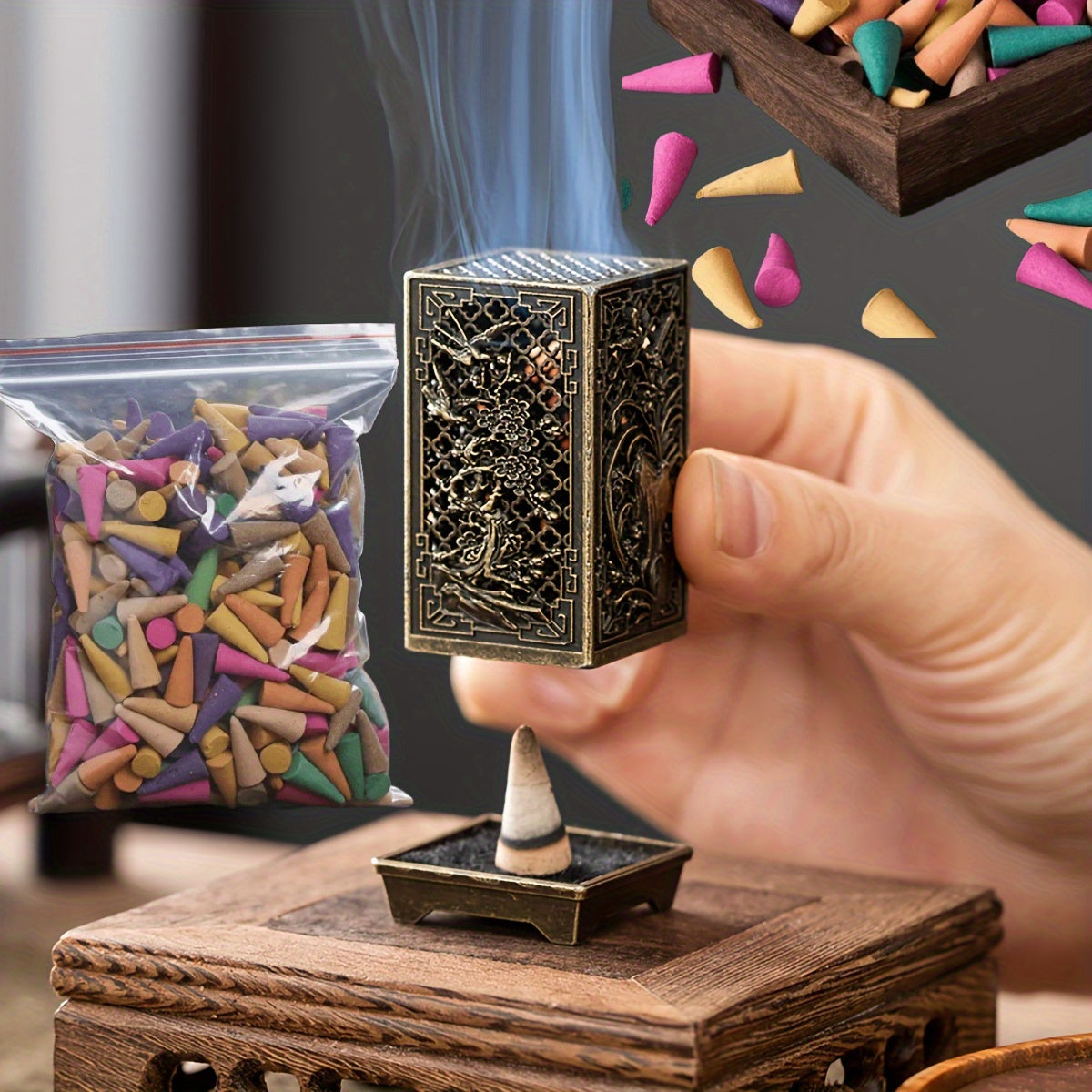 Metal Traditional Chinese Plum Blossom Design Incense Holder - Alloy Orchid Bamboo Chrysanthemum Stand for Home Aroma Relax