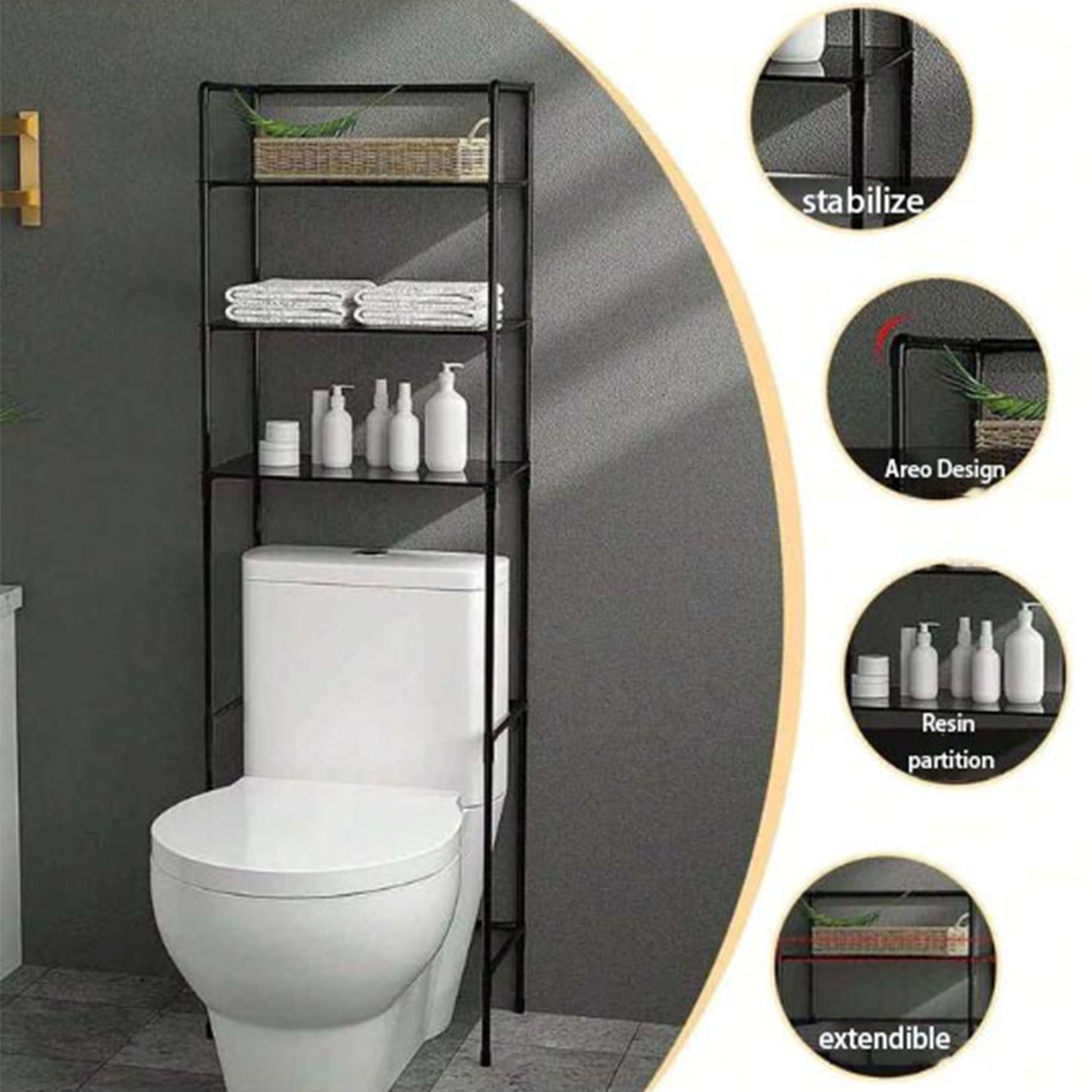 3-Tier Over-the-Toilet Metal Bathroom Organizer Rack - Space-Saving, Freestanding Multi-Purpose Storage Shelf for Toiletries, Durable Iron with Black Finish, Ideal for Bathroom Organization, Bathroom Organizers And Storage, Shelves