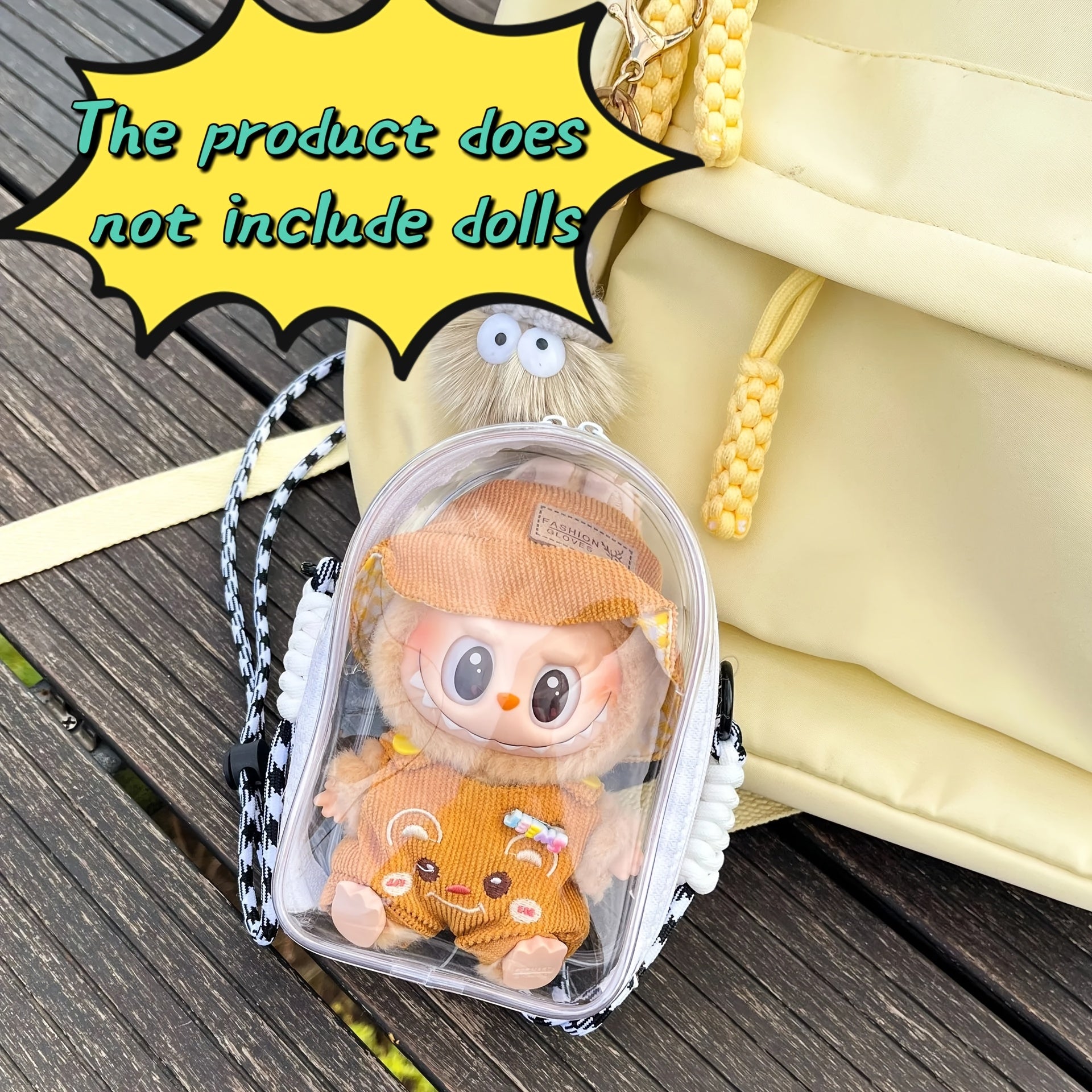 Labubu Is Sitting with a 5.91-Inch Doll Crossbody Cartoon Backpack, a PVC Storage Bag, And Car Curtain Fabric Doll Bag.