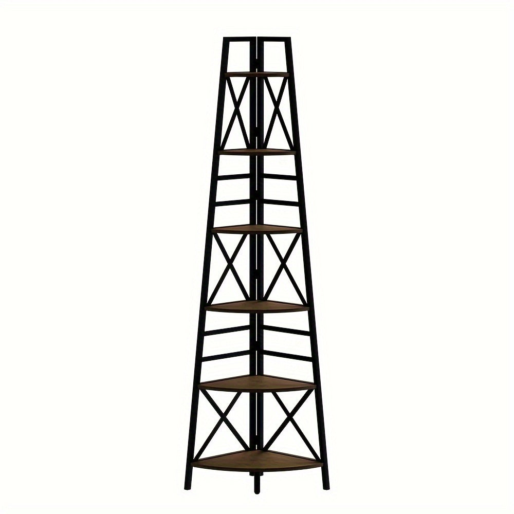 [Rustic Bookshelf] Rustic Brown 6-Tier Corner Bookshelf with Metal Frame | Space-Saving Ladder Shelf for Living Room, Bedroom, Kitchen, or Home Office – Perfect for Books, Decor, and Functional Storage, Standing Shelf