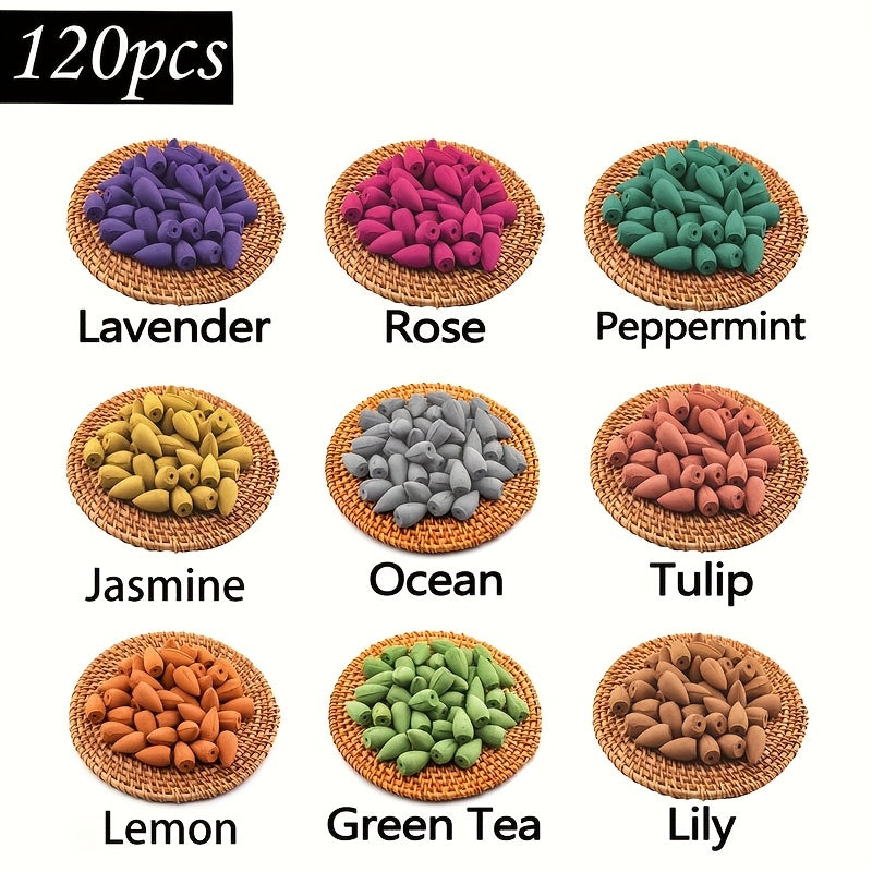120pcs Natural Backflow Incense Cones - Assorted Scents for Meditation And Yoga - Perfect for Waterfall Incense Burner Holder for House Cleaning, Meditation, Yoga, Negative Energy Cleansing And Home Or Office Purification Applications