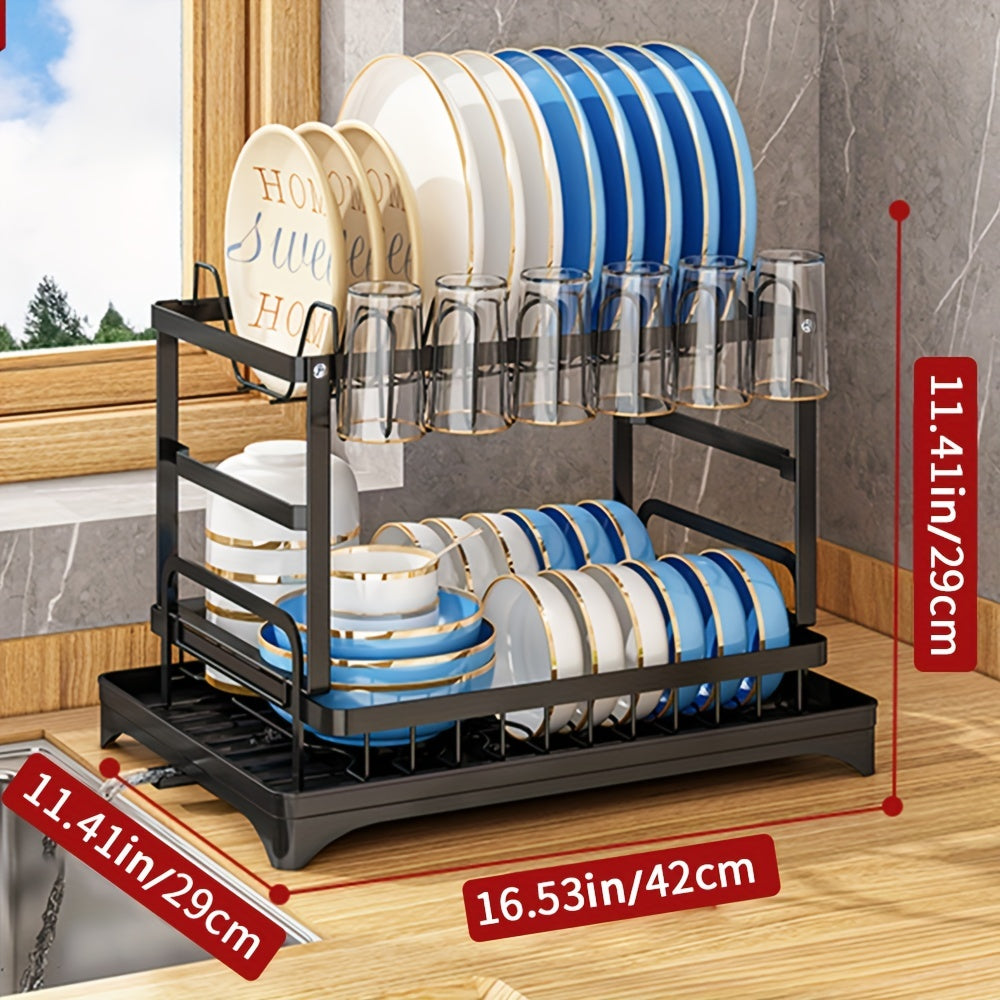 1pc Large Capacity 2-Tier Dish Drying Rack with Drainboard, Double-Layer Bowl & Cup Rack, Detachable Over The Sink Organizer for Kitchen Counter, Black & White - Ideal for Plates, Bowls, Cups & Cutlery Storage, Dish Drying Rack