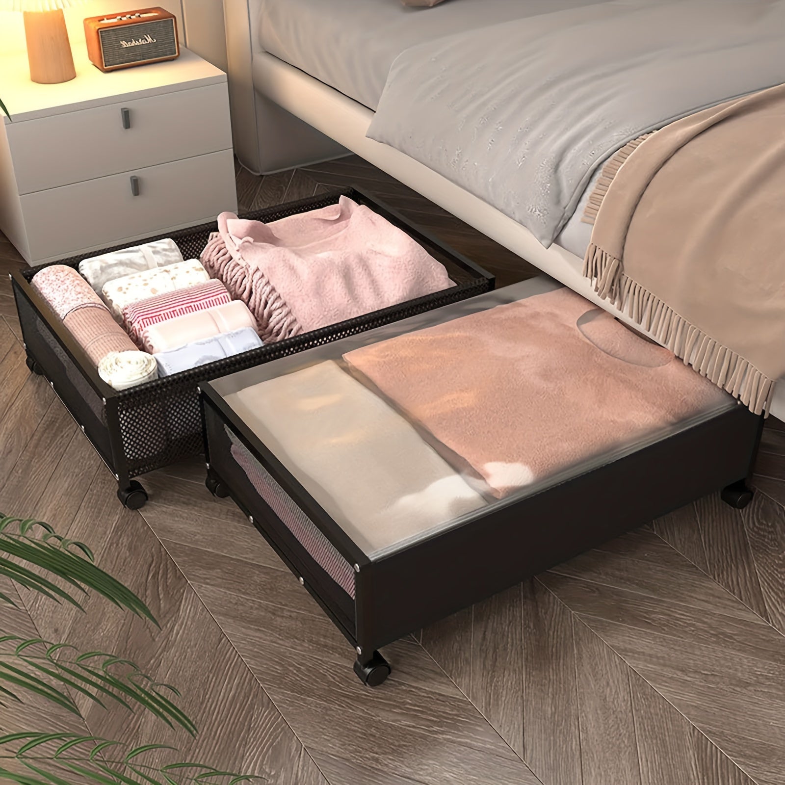 [2 Wheels Under Bed Storage] Under Bed Storage With Wheels, 2-Pack Under Bed Storage Containers With Clear Lids, Under The Bed Storage Organizer Bins, Rolling Under Bed Metal Drawer For Clothes, Shoes, Toys, Under-Bed Storage