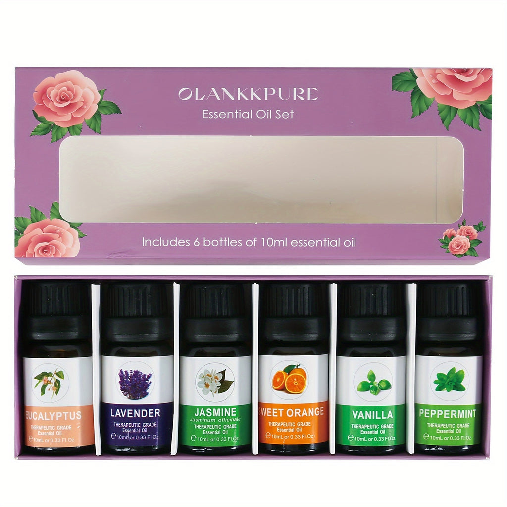 A Set of 6 Essential Oils, Suitable for Air Freshening, Including Lavender, Jasmine, Mint, Eucalyptus, Sweet Orange, And Vanilla.