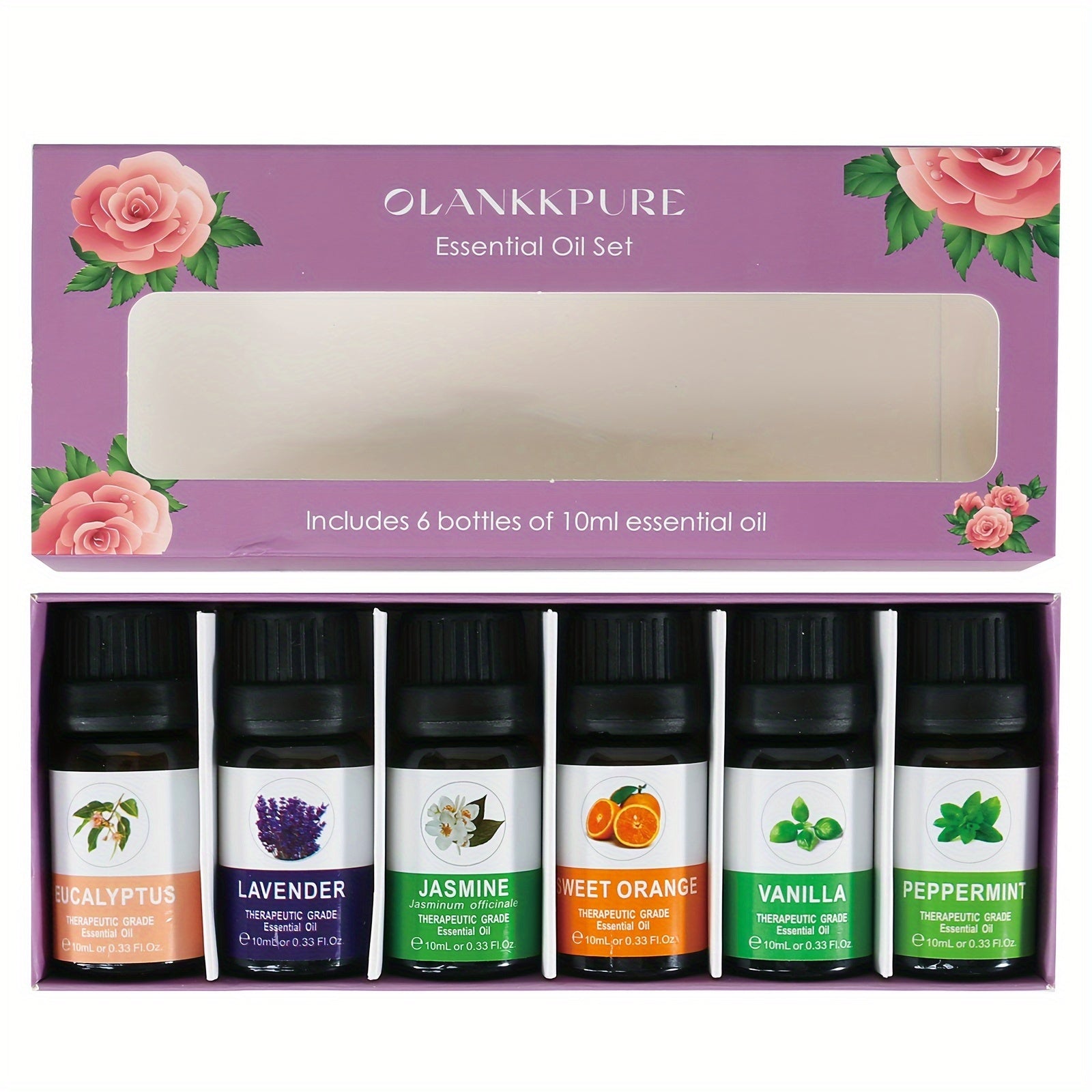 A Set of 6 Essential Oils, Suitable for Air Freshening, Including Lavender, Jasmine, Mint, Eucalyptus, Sweet Orange, And Vanilla.