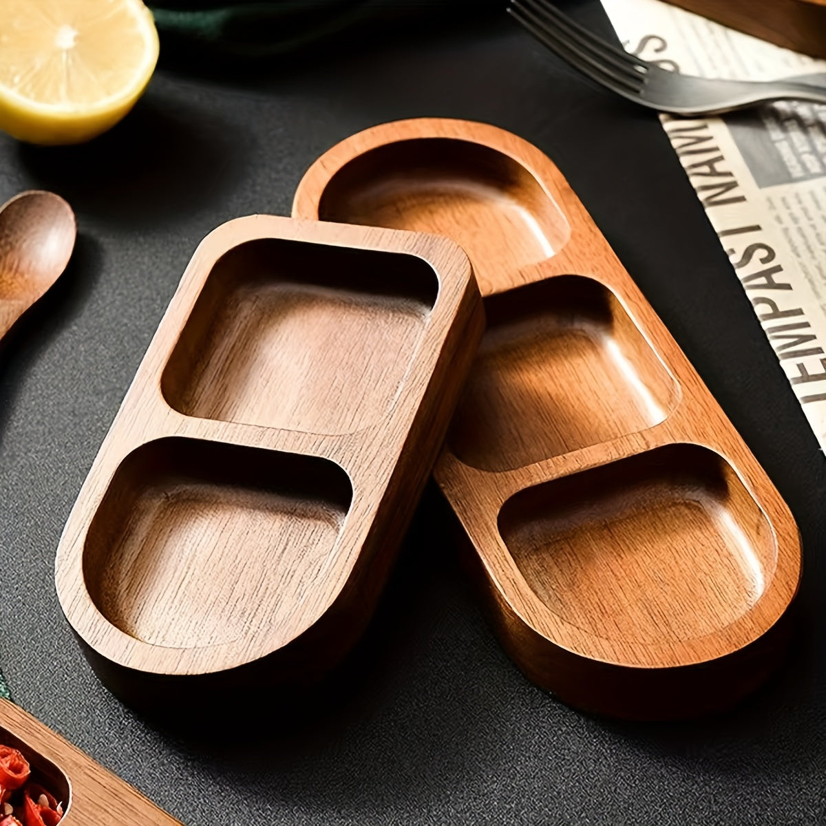 1pc Solid Wood Spice Organizer Dish with 6 Compartments