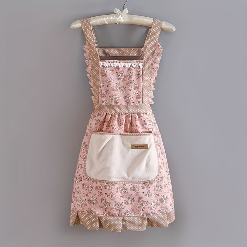 [Floral Princess Apron] 1pc Floral Lace Princess Apron - Hand Wipe Pocket - Suitable for Kitchen, Living Room, Bathroom Cleaning
