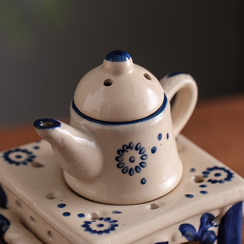 Blue & White Ceramic Teapot Candle Holder