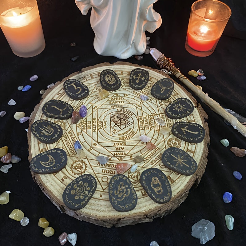 1 Set Wood Runes Stone Witches Rune Set 14pcs Engraved Rune Symbol for Divination Halloween Party Supply