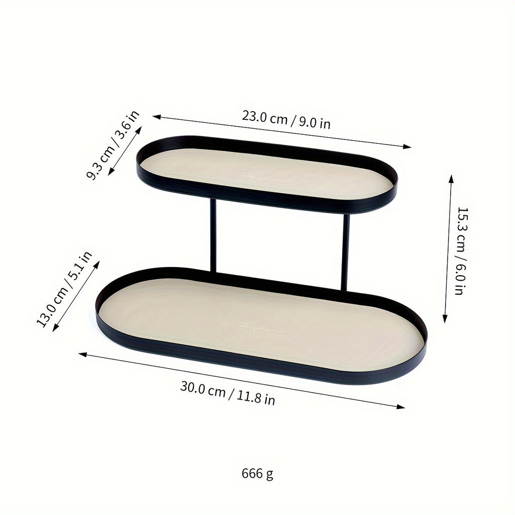 Versatile Double-Layer Oval Metal Storage Rack with Faux Leather Pad