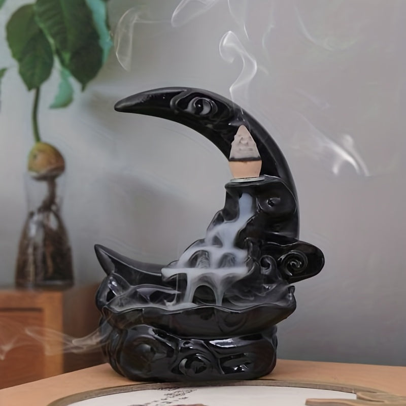[1pc Handcrafted Moon Backflow Holder] 1pc Handcrafted Resin Moon Backflow Incense Holder, Waterfall Aromatherapy Burner with Cones for Yoga & Home Decor, Ideal for Halloween, Christmas, Easter, Hanukkah, Thanksgiving