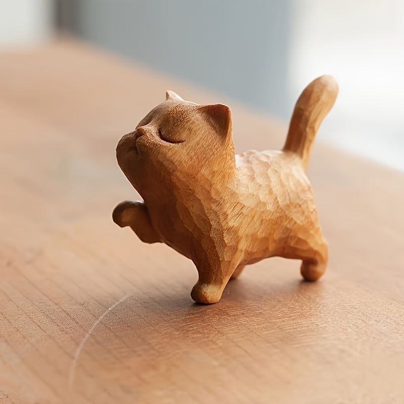 1PC Handcrafted Wooden Cat Figurine, Chisel Textured Finish, Charming Collectible for Various Room Types - Indoor & Outdoor Display, Electricity-Free Decoration