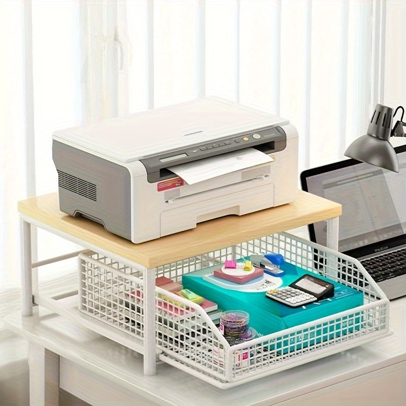 1pc Kitchen Microwave Rack, Floor-standing Organizer, Fixed Shelf, 2 Colors Available, Hardwood & Metal Structure, with Drawer, Modern Design, Durable, Standing Shelf