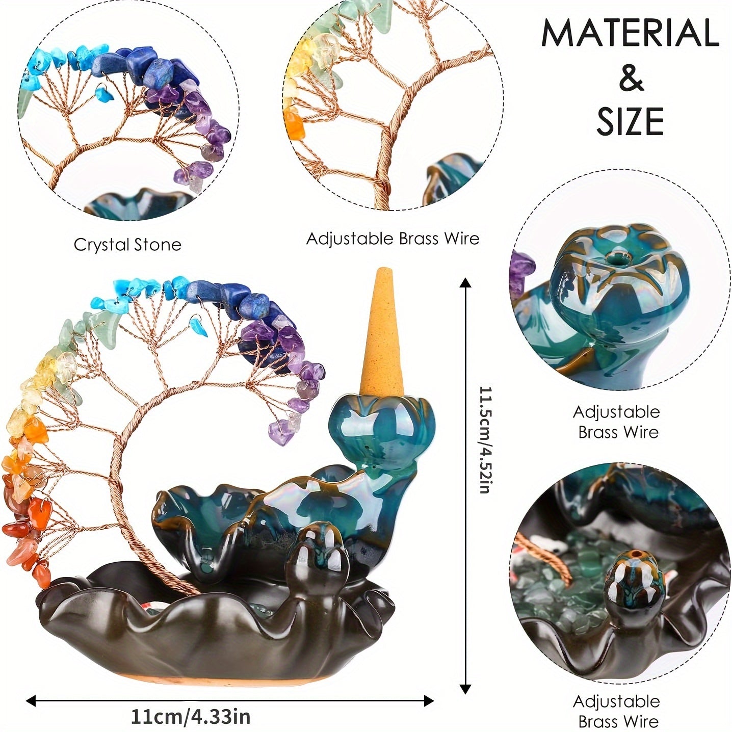 A Ceramic Incense Burner with 7 Flowing Water Crystal Money Trees, Suitable for Yoga Meditation And Home Decoration.