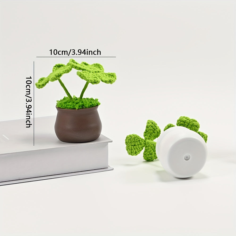 1pc Handmade Artificial Plant Potted, Crocheted Four-leaf Lucky Grass, Unique Knitting Home and Office Desktop Decoration