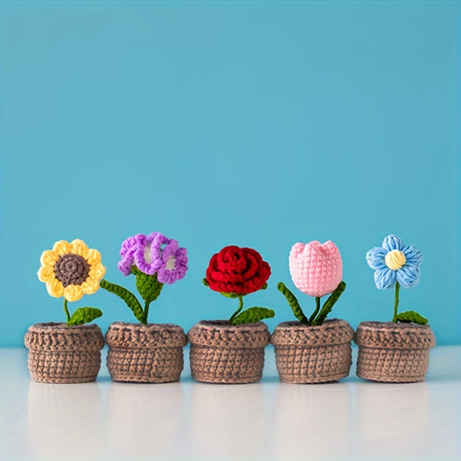 Handmade Crochet Polyester Sunflower Rose Tulip Puff Carnation Miniature Bonsai Car Parts for Living Room Tabletop Decor, No Electricity Needed, Perfect for Christmas, Thanksgiving, Valentine's, Mother'S Day, Graduation Gifts