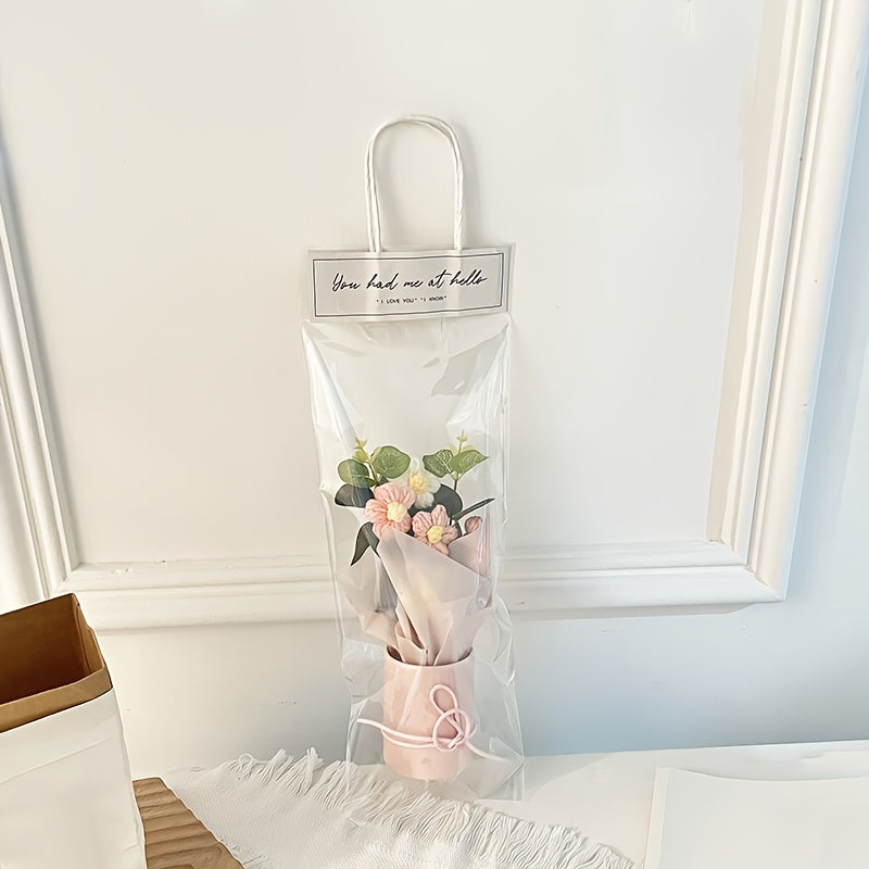 1 Set Handmade Yarn Artificial Flower Bouquet with Plastic Bucket, Ribbon, and Tissue Paper - 5 Yarn Hook Flowers in Pink, White, and Yellow - Ideal for Mother'S Day, Valentine'S Day, Birthdays, and Home Decor, Mother'S Day Gift|Elegant Flower Arrangement