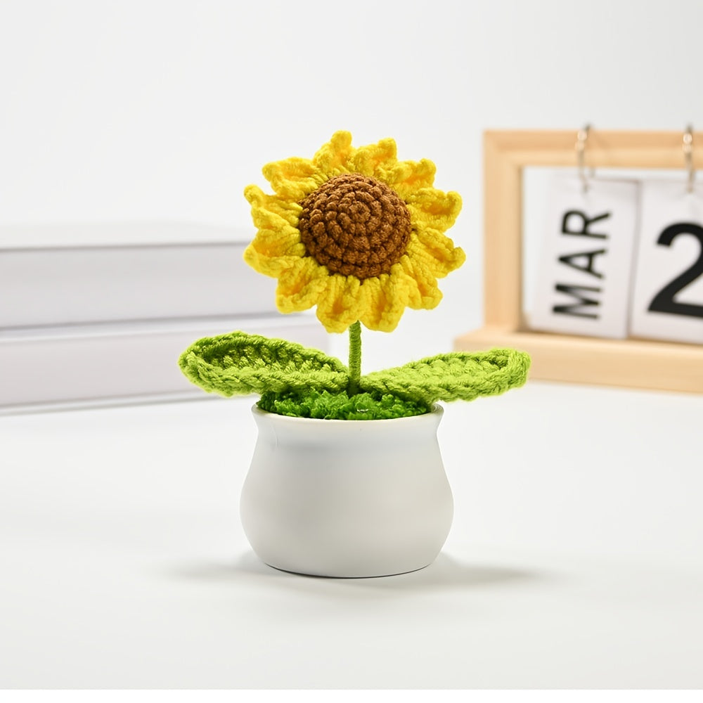 1pc Handmade Crocheted Smiling Sunflower Bonsai Artificial Plant - Vibrant Yellow & Orange Fleeceen Yarn, Realistic Desktop Decor with Pot for Office, Living Room, Bedroom - Thoughtful Gift for Wife, Mother, Girlfriend (Birthday, Christmas, Valentine’s Da