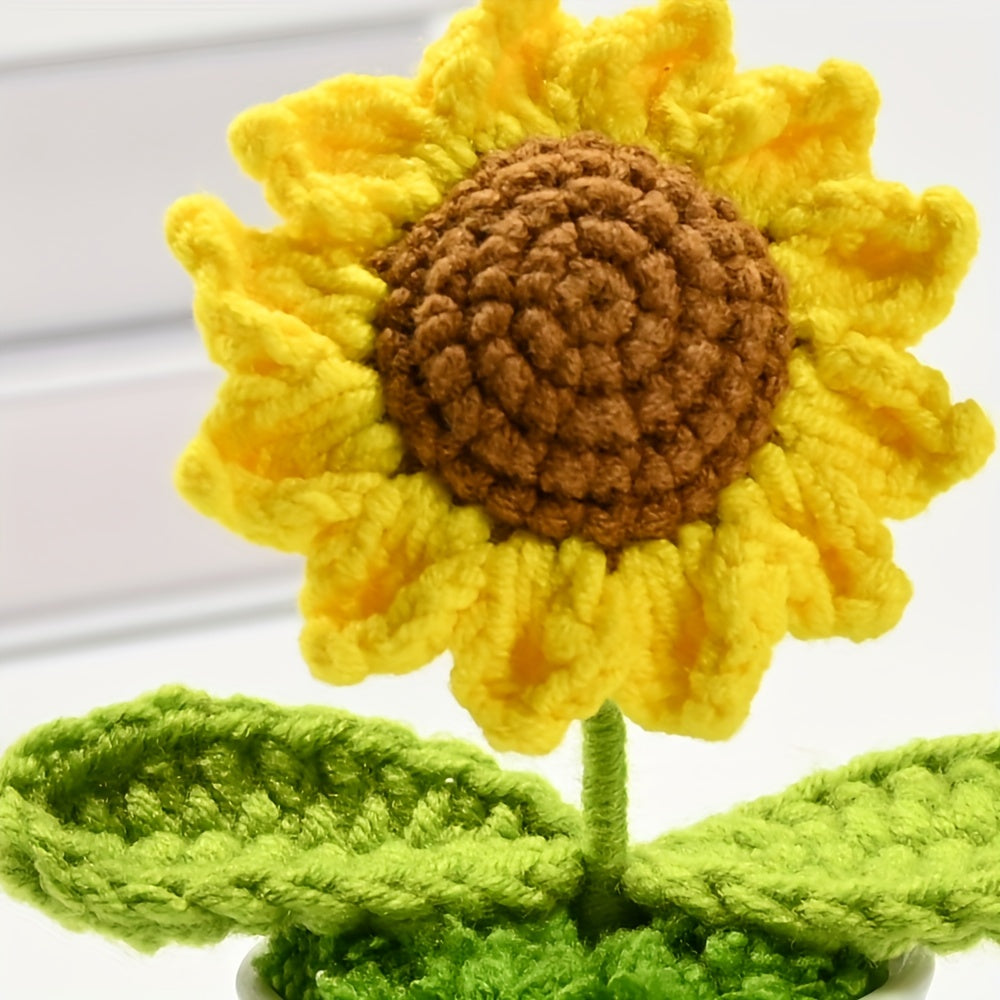 1pc Handmade Crocheted Smiling Sunflower Bonsai Artificial Plant - Vibrant Yellow & Orange Fleeceen Yarn, Realistic Desktop Decor with Pot for Office, Living Room, Bedroom - Thoughtful Gift for Wife, Mother, Girlfriend (Birthday, Christmas, Valentine’s Da