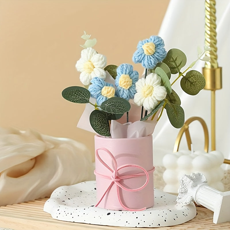 1 Set Handmade Yarn Artificial Flower Bouquet with Plastic Bucket, Ribbon, and Tissue Paper - 5 Yarn Hook Flowers in Pink, White, and Yellow - Ideal for Mother'S Day, Valentine'S Day, Birthdays, and Home Decor, Mother'S Day Gift|Elegant Flower Arrangement