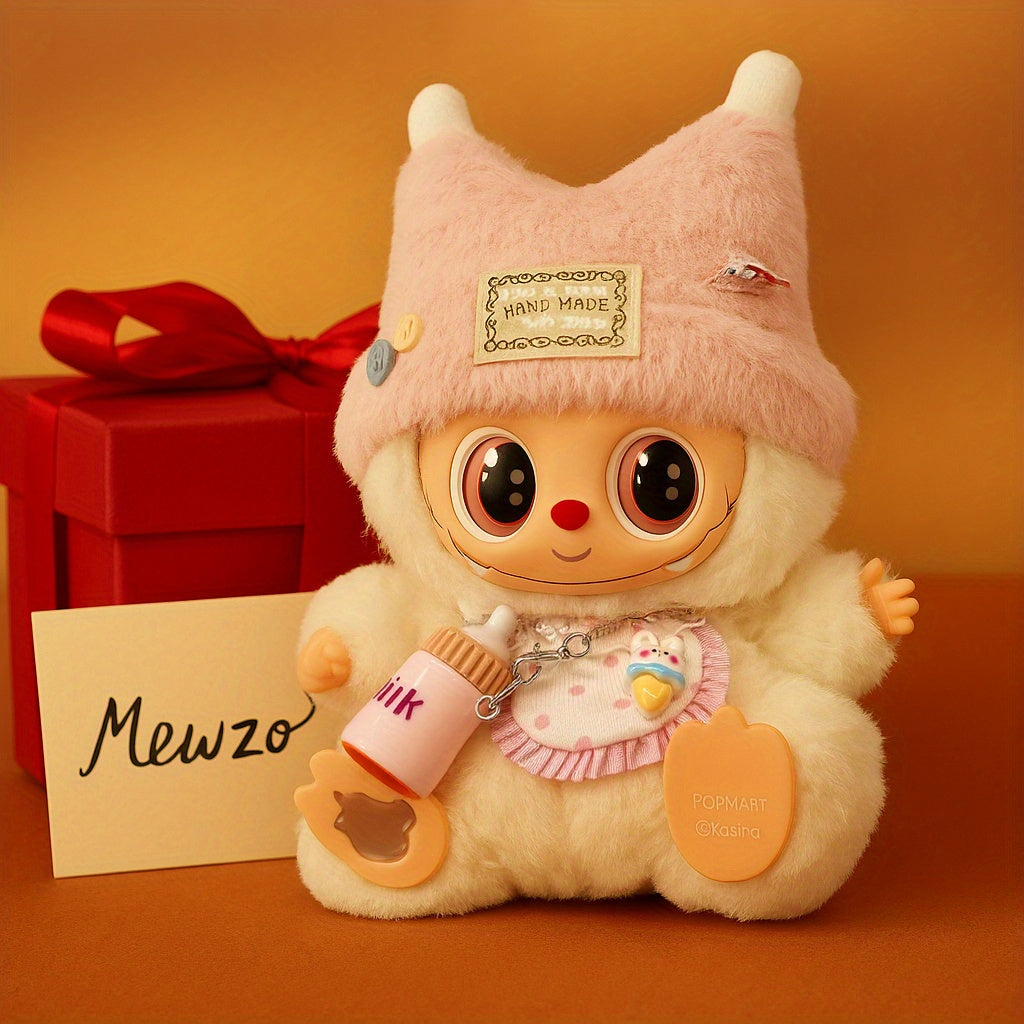 Adorable Outfit Set Suitable for 6.69-inch LabubuDoll, Pink and White Cream Style with Cat Ear Hat + Bib + Bottle Charm Combo (Doll and Shoes Not Included)