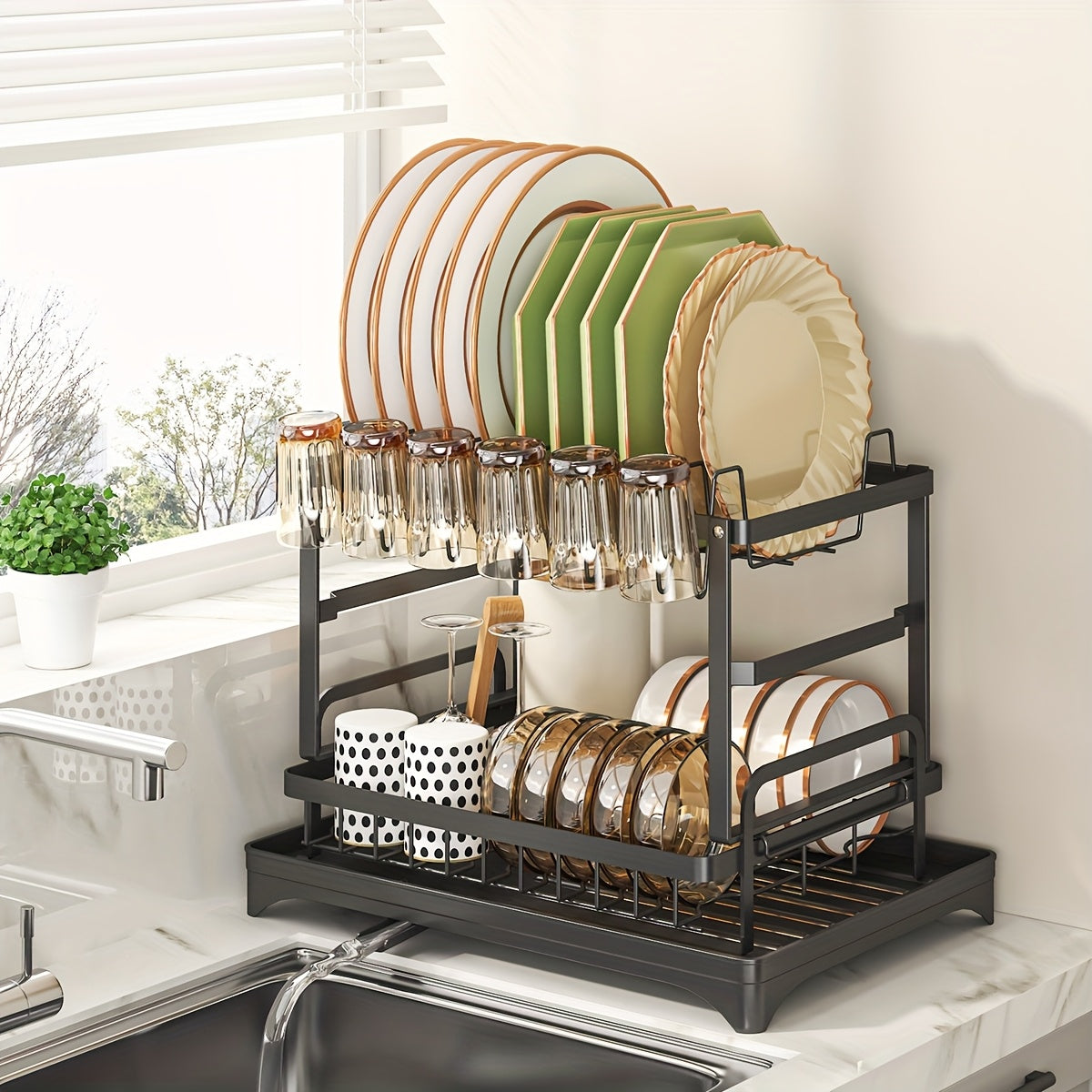 1pc Large Capacity 2-Tier Dish Drying Rack with Drainboard, Double-Layer Bowl & Cup Rack, Detachable Over The Sink Organizer for Kitchen Counter, Black & White - Ideal for Plates, Bowls, Cups & Cutlery Storage, Dish Drying Rack