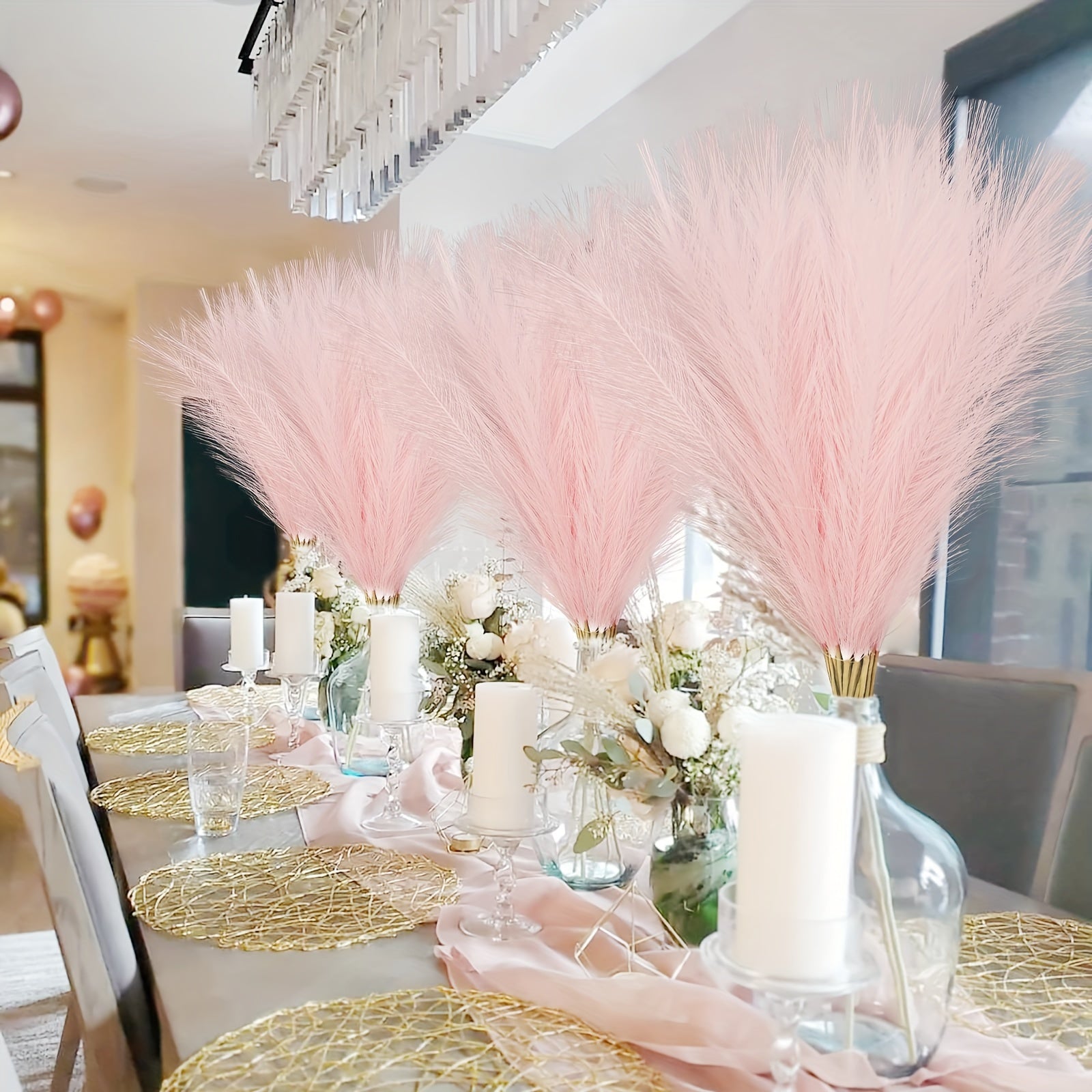 Pink Faux 21" 10pcs Bloomings Pampas Grass - Polyester Artificial Branches Vase Filler - No Electricity or Battery Needed for Home Wedding Boho Decor, Christmas Decoration