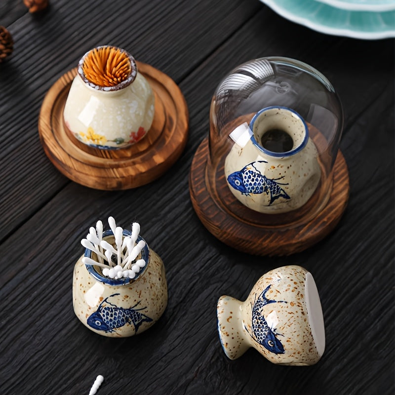Retro Ceramic Toothpick Box with Glass Dome Cover & Wooden Base - Blue & White Fish Design, Golden Accents - Elegant Home Office Decor, Holiday Gift, Tabletop Decor, Classic Decor, Premium Materials, Decorative Storage, Vintage Lovers