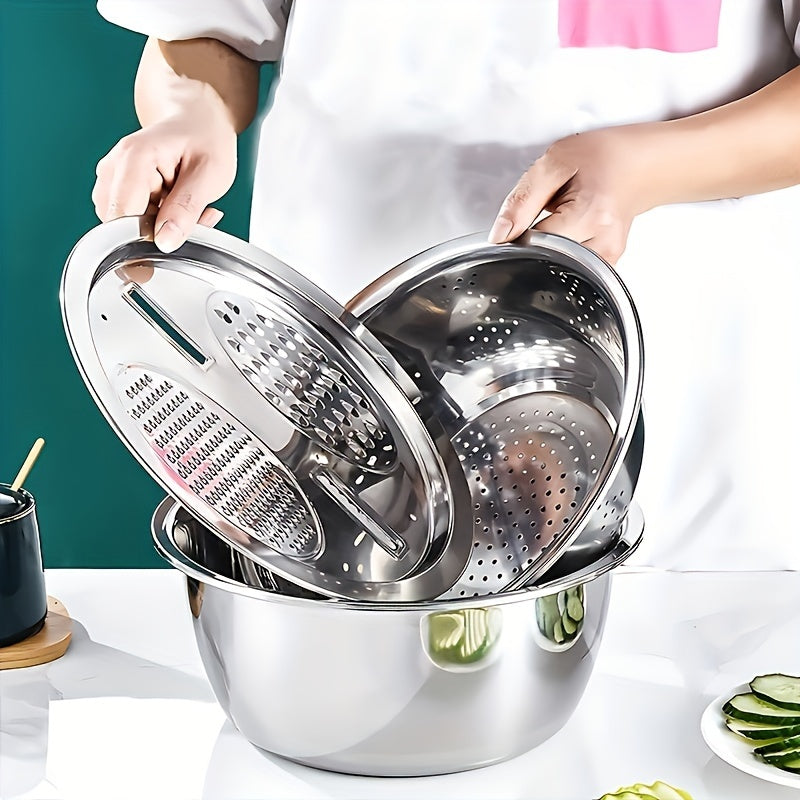 3pcs Stainless Steel Kitchen Set with Integrated Grinder, Multi-Purpose Filter and Mixing Bowl - Ideal for Cleaning and Slicing Fruits, Vegetables, and Cheese | Food Safety with Drainage System, Perfect for Home Cooking, Kitchen Grinder