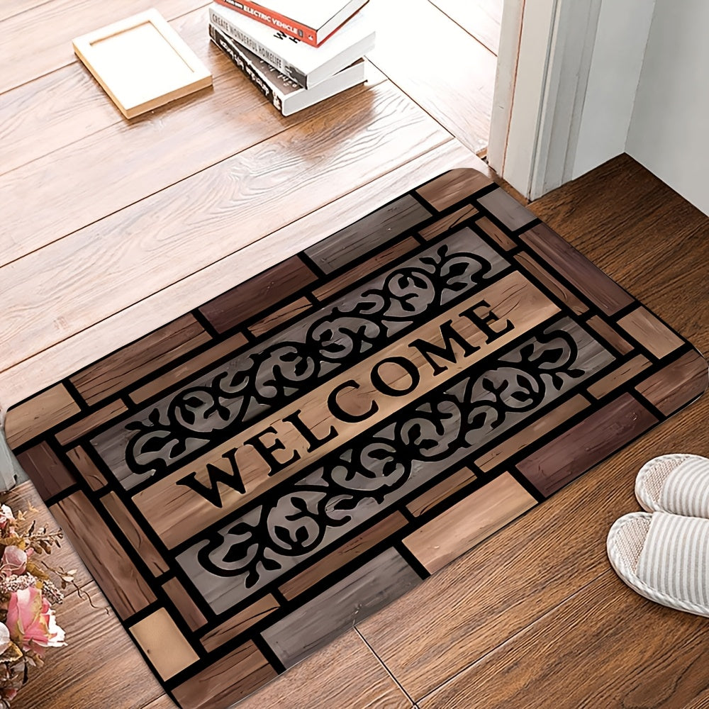 1pc Rustic Welcome Doormat - Durable, Anti-Slip Polyester with PVC Backing, Stylish Brown Pattern for Home Entrance & Decor, Welcome Mat for Front Door