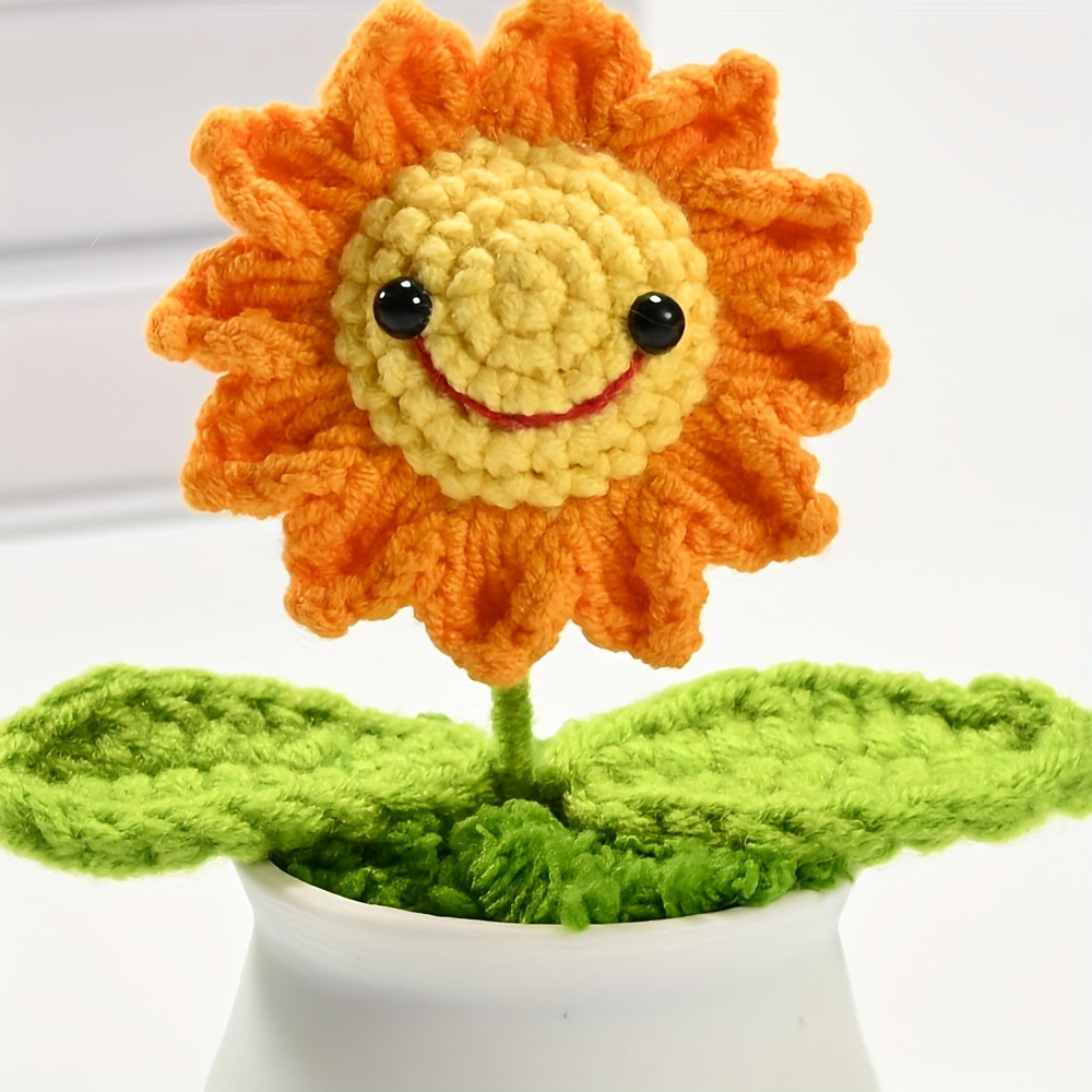 1pc Handmade Crocheted Smiling Sunflower Bonsai Artificial Plant - Vibrant Yellow & Orange Fleeceen Yarn, Realistic Desktop Decor with Pot for Office, Living Room, Bedroom - Thoughtful Gift for Wife, Mother, Girlfriend (Birthday, Christmas, Valentineโs Da